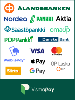 Hyväksytyt maksutavat: Visma Pay, pankit, Visa, Mastercard, MobilePay, Apple Pay, Google Pay, Siirto, OP Lasku